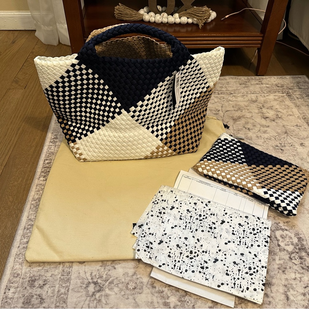 Naghedi Navy and Cream Checkered Tote